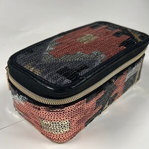 Tarte Sequin Rose Gold Black Box Structured Zip Around Cosmetic Case